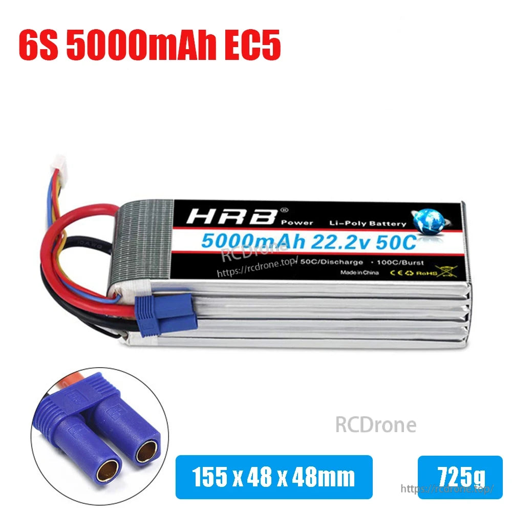EC5 connector close-up with HRB 6S 5000mAh battery size 155×48×48mm and weight 725g