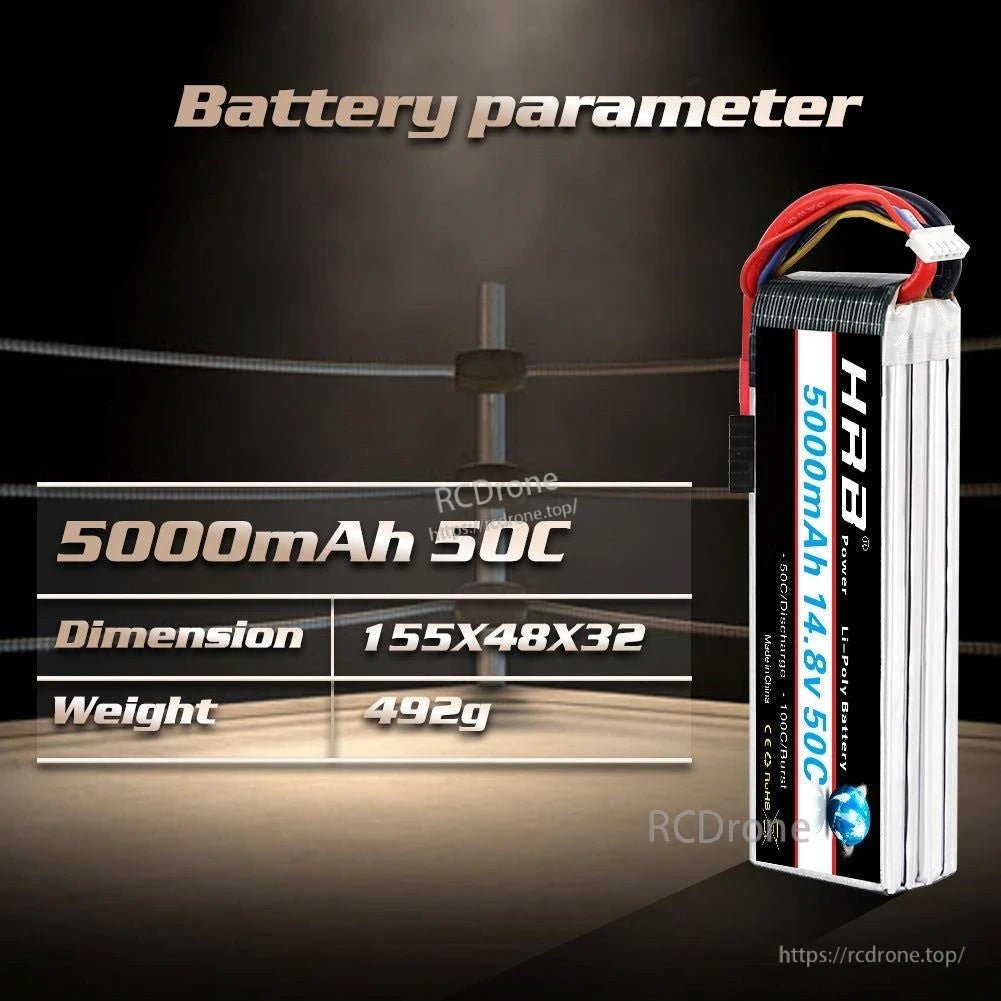Side view battery parameter graphic with 5000mAh 50C, size 155×48×32 mm and 492 g weight