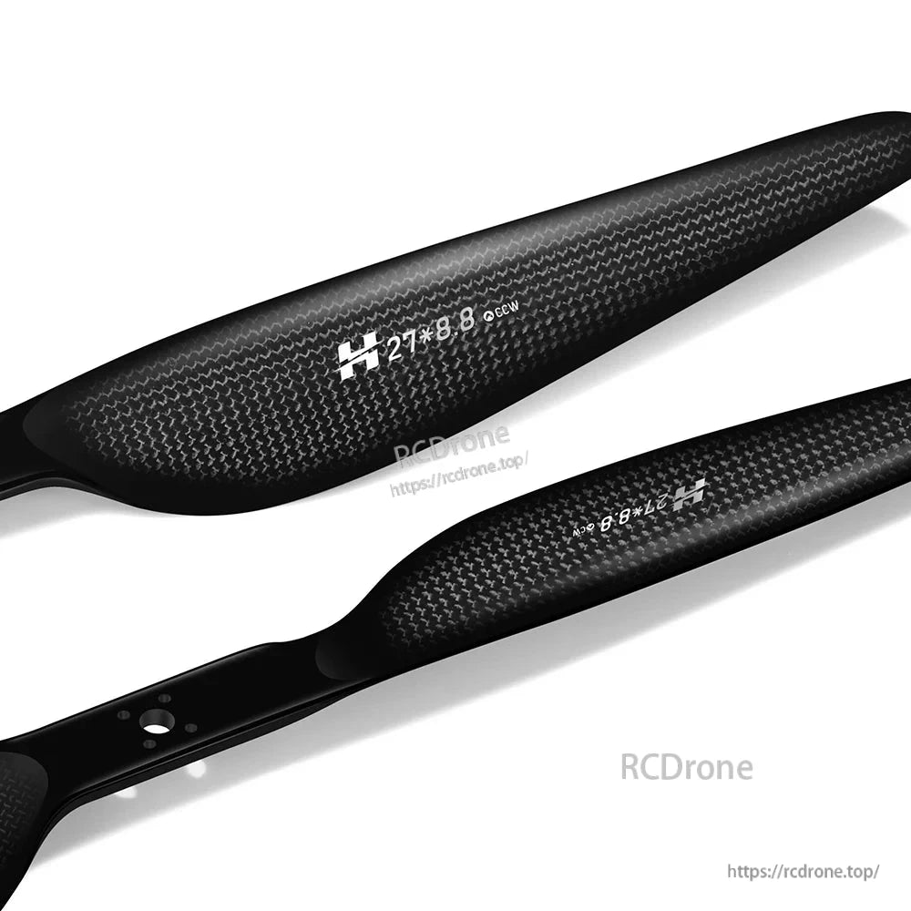 Hobbywing CF 2788 Propeller, Close-up of carbon fiber Hobbywing CF 27x8.8 drone propellers with CW and CCW rotation markings
