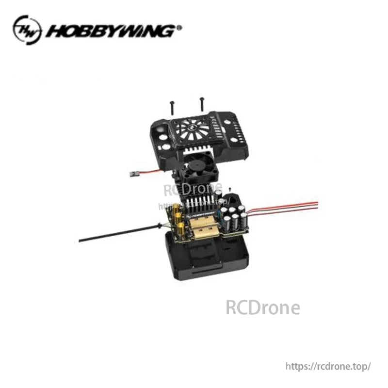 Exploded view of EZRUN MAX4 HV ESC showing top cover, cooling fan, and internal circuit boards