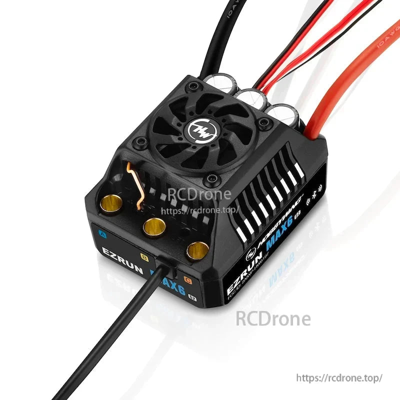 Hobbywing EZRUN MAX6 G2 ESC, Hobbywing EZRUN MAX6 G2 brushless ESC with cooling fan, vented case, and heavy-gauge motor and battery leads
