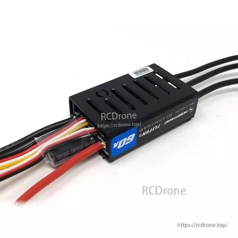 Hobbywing FlyFun 60A V5 brushless ESC with vented black heatsink case and attached power, motor, and signal leads