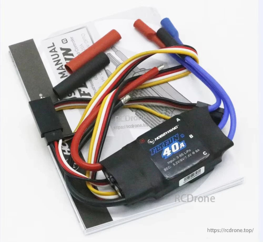 Hobbywing FlyFun V5 40A ESC, Hobbywing FlyFun V5 40A brushless ESC with heat-shrink case, signal lead, and 3 motor bullet connectors
