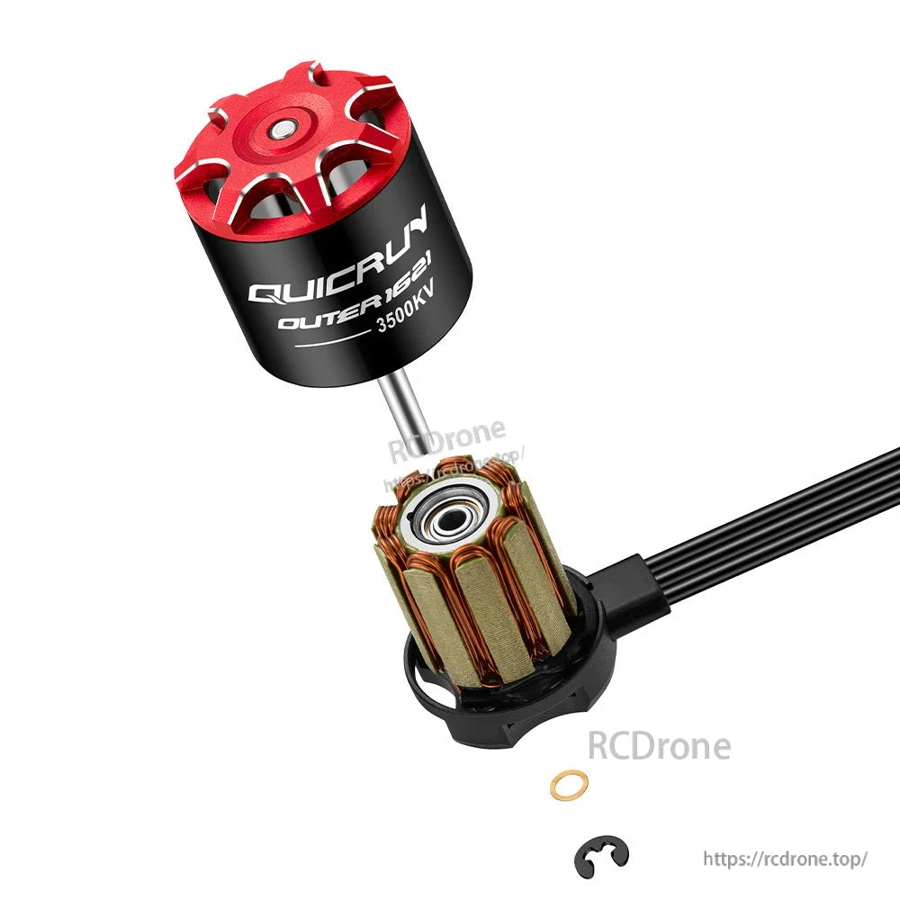 Hobbywing QUICRUN Outer 1621SL 3500KV Motor, Hobbywing QUICRUN Outer 1621SL 3500KV brushless motor with red endbell, stator, leads, and hardware