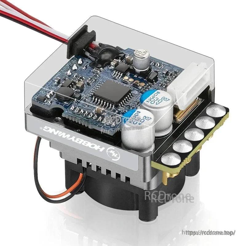 Hobbywing XERUN XR10 Justock G3 brushless ESC with clear case, cooling fan, capacitors and wiring leads