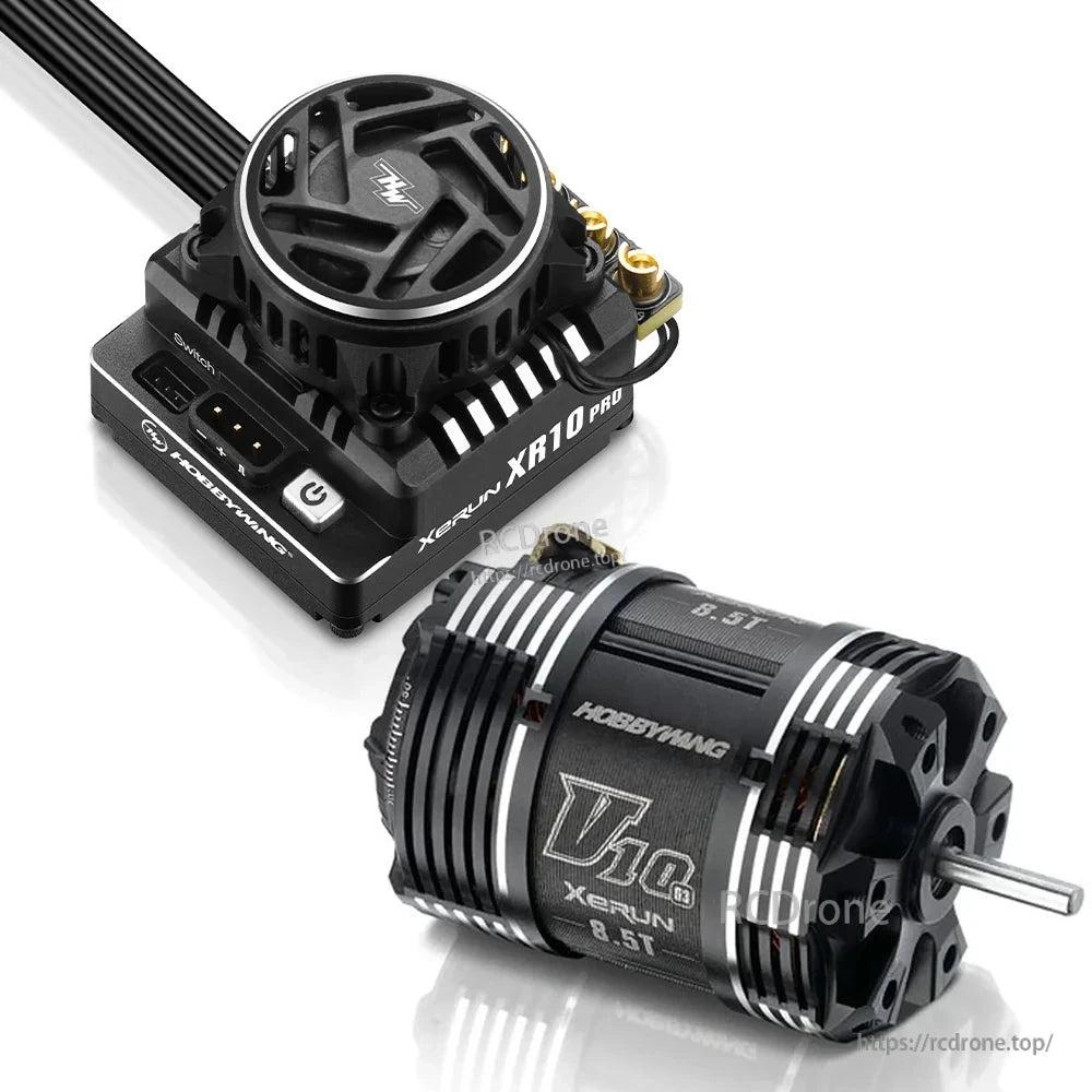 Hobbywing XR10 Pro G3 Sensored Brushless ESC, Hobbywing Xerun XR10 Pro ESC with cooling fan and switch, paired with a Xerun V10 G3 8.5T brushless motor