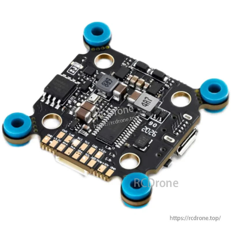 Hobbywing XRotor F7 FPV flight controller board with 30x30 mounting holes, soft grommets, and side USB-C port
