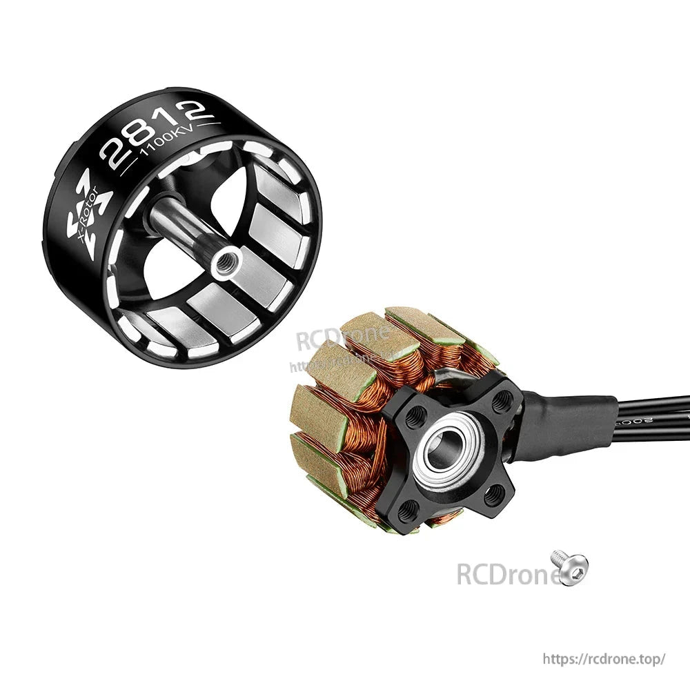 Hobbywing XRotor FPV 2812 FPV Motor, Hobbywing XRotor FPV 2812 1100KV brushless motor with bell removed, showing stator, wires, and mounting screw