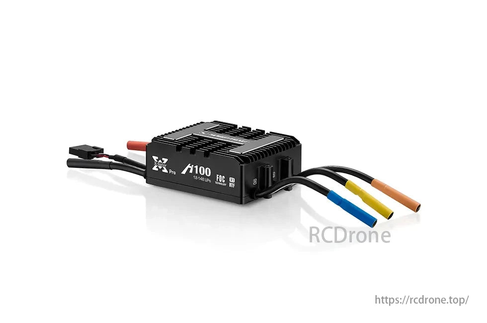 Hobbywing XRotor H100A 14S Foc V1 ESC, The X100 Pro and FOC device is a high-performance, black electronic component with multiple wires for advanced applications.
