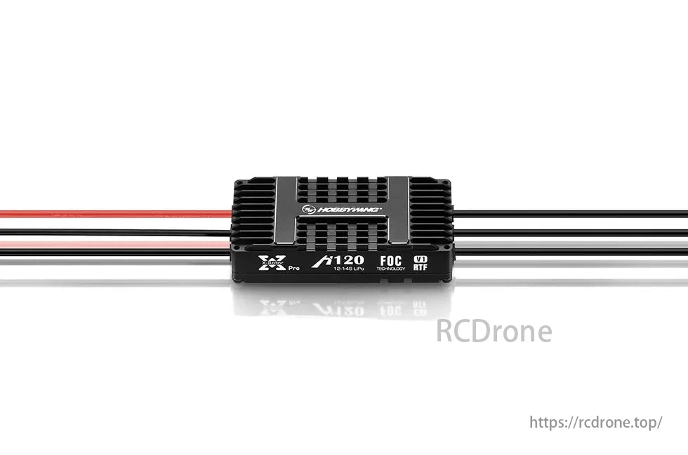 Hobbywing XRotor H120A 14S Foc V1 ESC, Hobbywing XERON Pro 120 FOC ESC with black case, red, black, and white wires. RTF version.