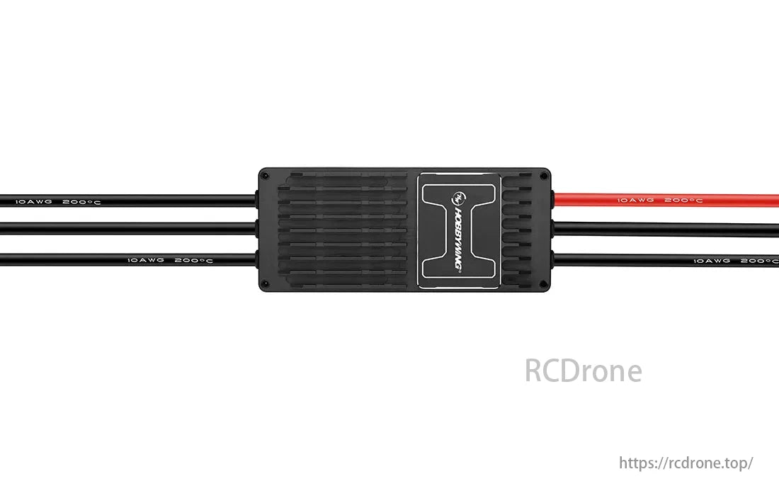 Hobbywing XRotor H150A 14S FOC ESC, Black electronic device with cables labeled "10AWG 200°C" connected.