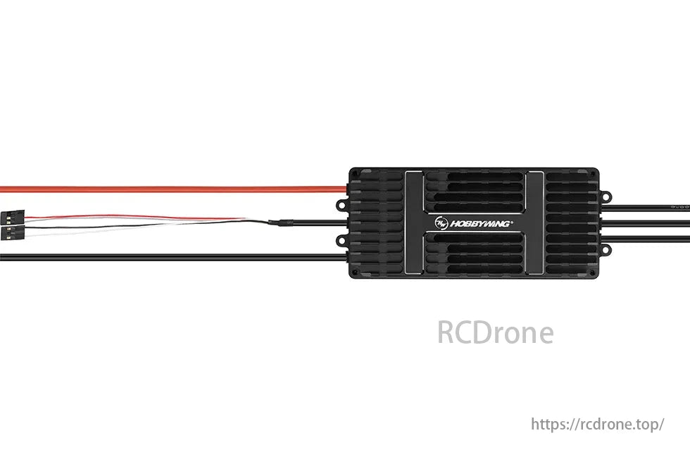 Hobbywing XRotor H150A 24S ESC, Hobbywing electronic speed controller with connected wires and connectors for remote-controlled devices.