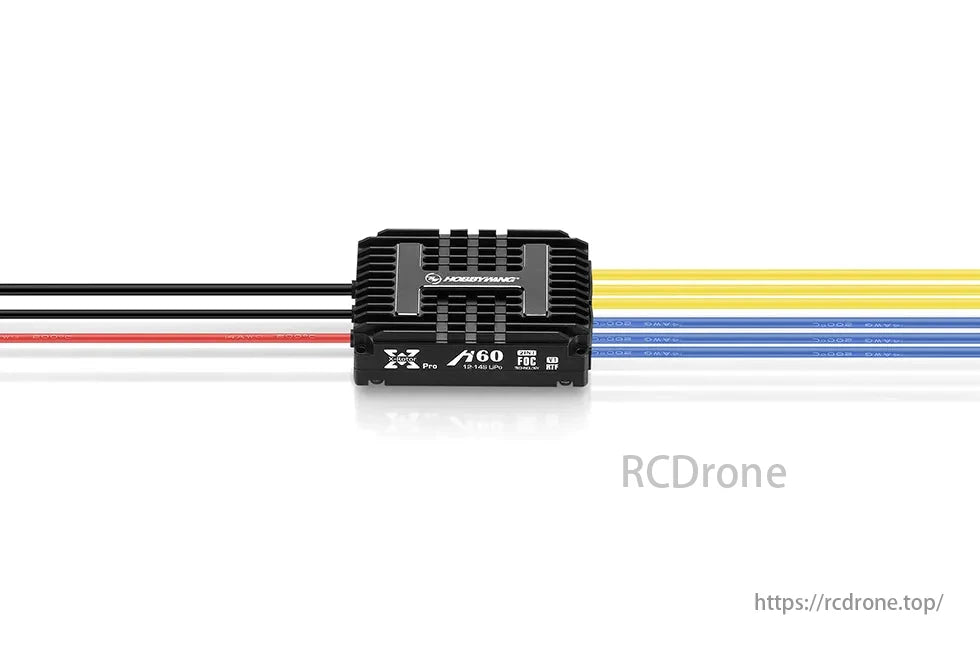 Hobbywing XRotor H60A (2in1) 14S FOC & BLDC V1 ESC, An electronic component named "X60 Pro" supports 12-48V, featuring multiple colored wires for connections.