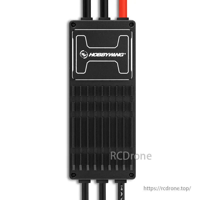 Hobbywing XRotor H80A 14S BLDC/FOC ESC, Hobbywing electronic speed controller with black casing, cooling fins, and connected wires.