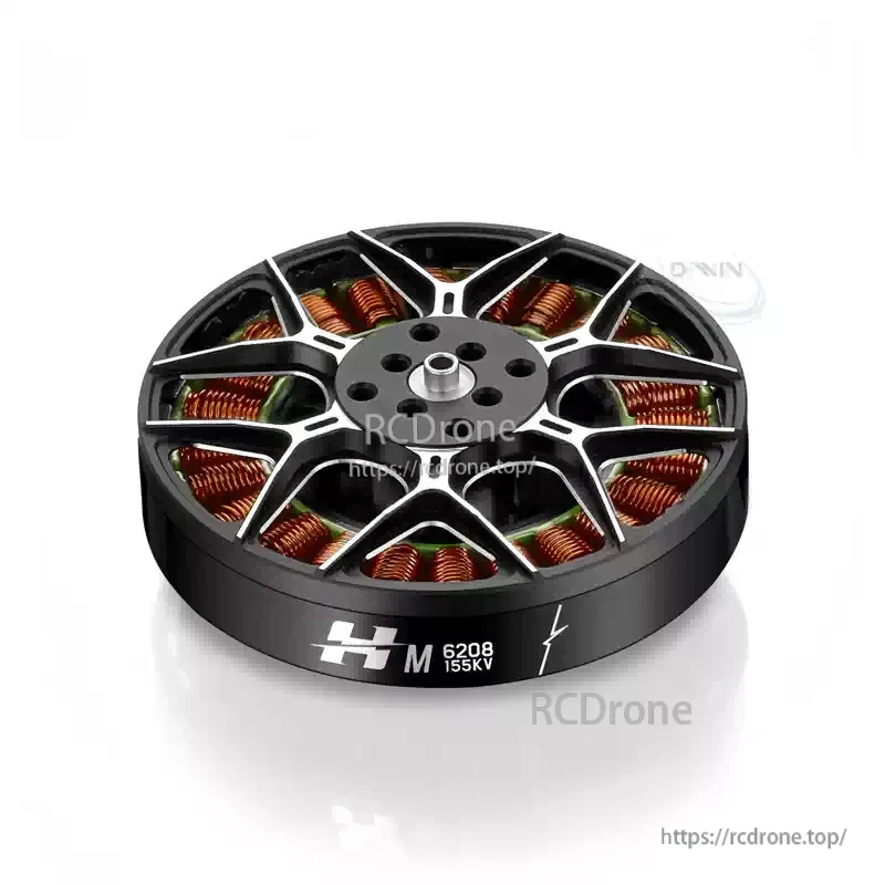 Hobbywing XRotor M6208 UL (M6208 Light) Motor, Hobbywing XRotor M6208 UL brushless motor, top view with vented rotor and visible copper windings, 155KV