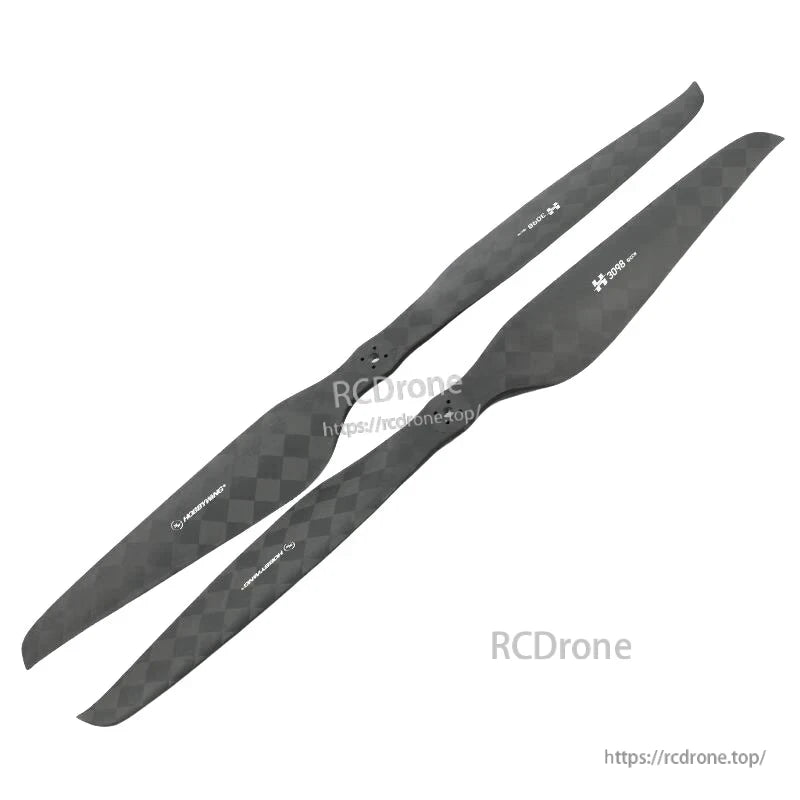 Pair of Hobbywing carbon fiber drone propeller blades with a checkered weave finish and central mounting holes