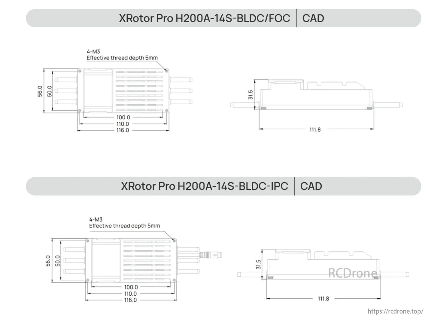 Hobbywing XRotor Pro H200A 14S ESC, XRotor Pro H200A-14S-BLDC/FOC CAD models with dimensions 56x50mm, 100x110x116mm, side view 31.5x111.8mm, and 5mm thread depth for 4-M3 screws.