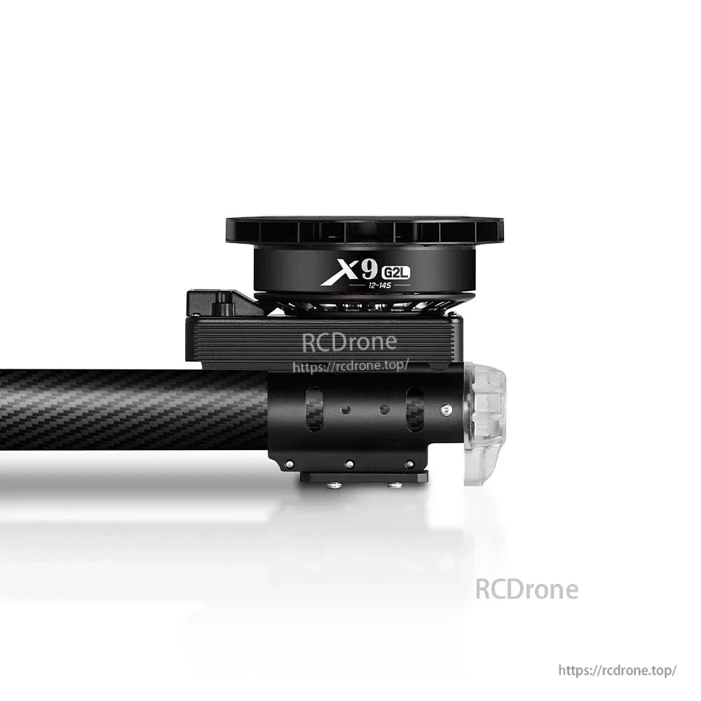 Hobbywing XRotor X9 G2L drone propulsion motor mounted on carbon tube arm, labeled X9 G2L 12–14S