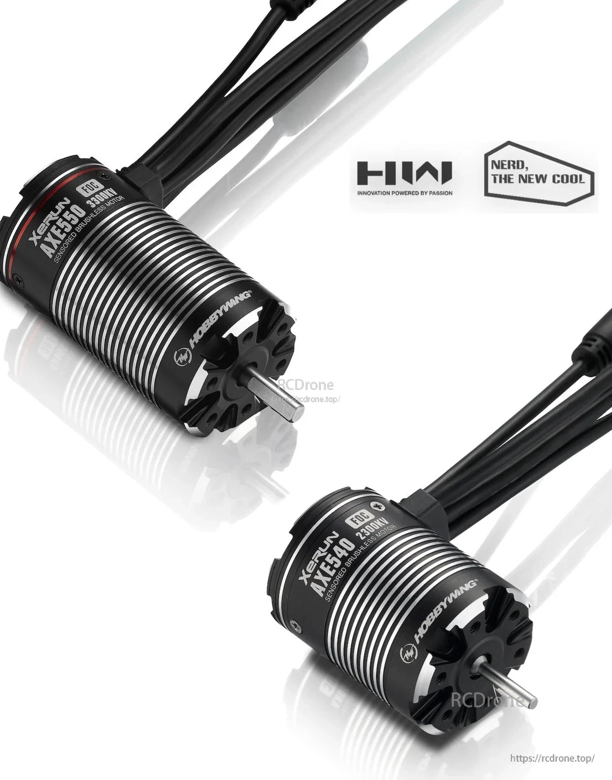 Hobbywing XeRun AXE 540L/550 FOC Brushless Motor, Hobbywing XeRun AXE 540/550 sensored FOC brushless motor with ribbed can, steel shaft, and long lead wires