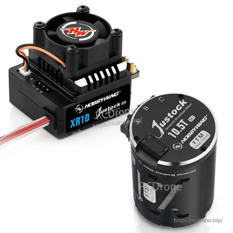 Hobbywing XR10 Justock G3S sensored brushless ESC with cooling fan next to Justock 10.5T motor