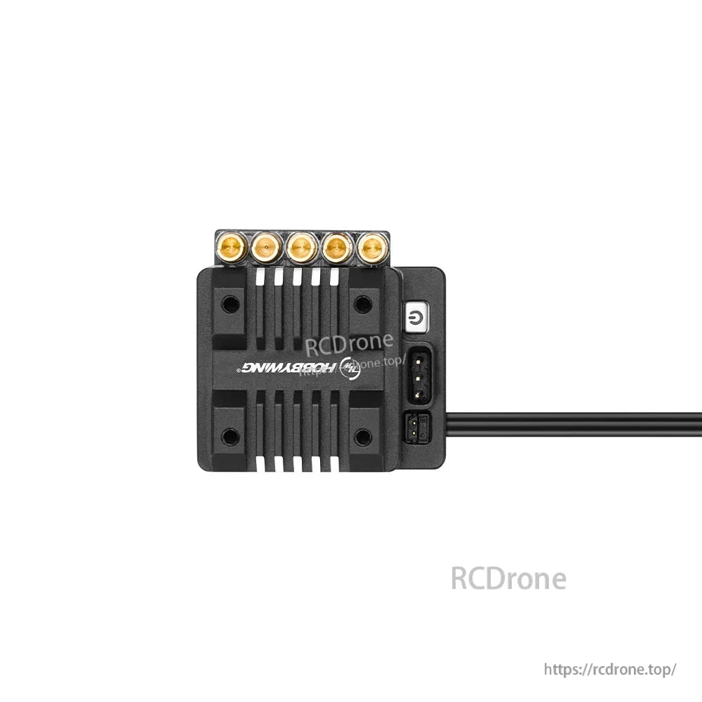 Top view of Hobbywing XeRun XR10 PRO Legacy Edition ESC with five gold bullet terminals, on/off button, and wiring lead