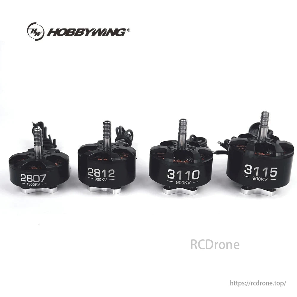 Hobbywing Xrotor series brushless motors (2807 1300KV, 2812 900KV, 3110 900KV, 3115 900KV) designed for drones.