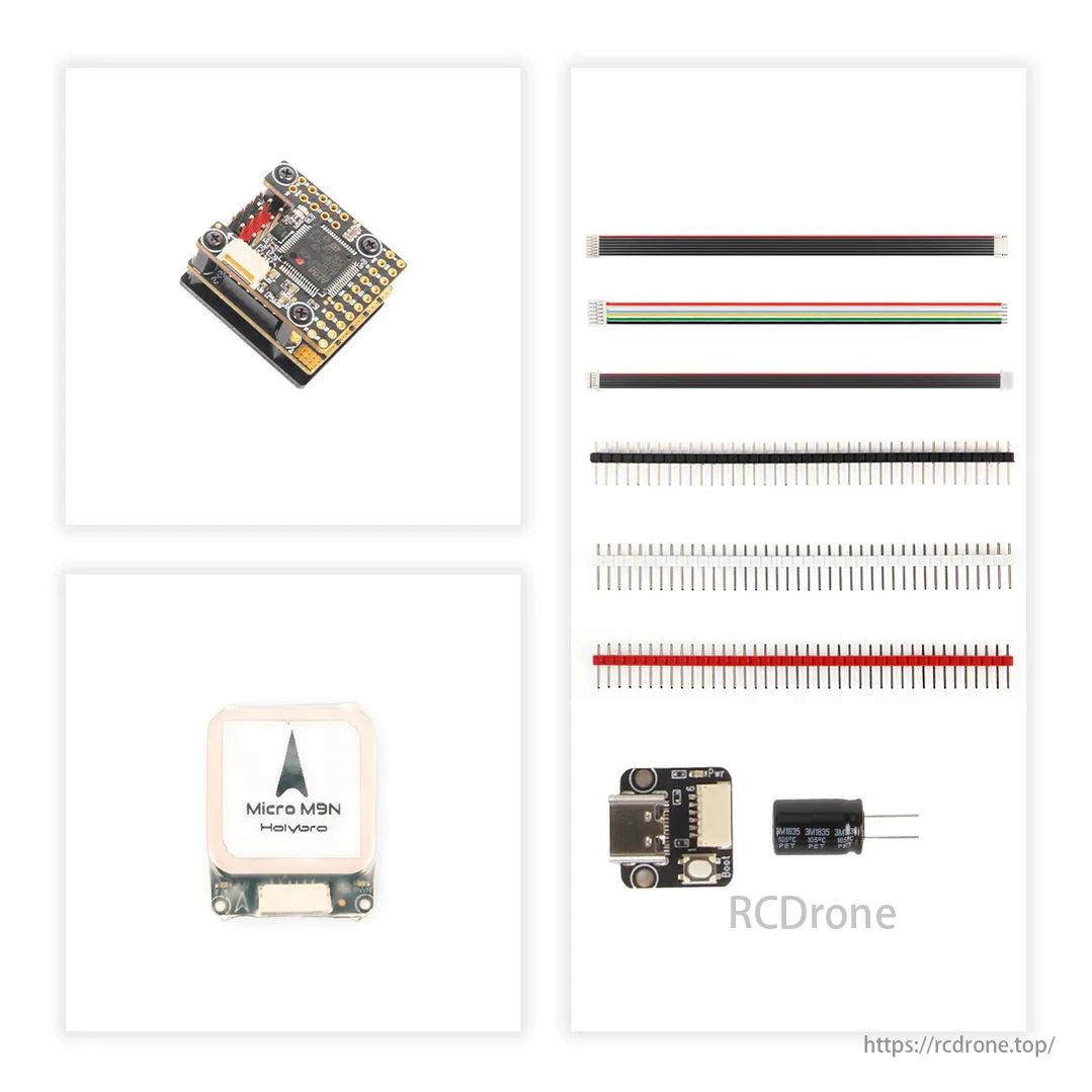 Holybro Kakute F405-Wing Mini Flight Controller, Micro M9N, connectors, capacitors, electronic components, drone parts.