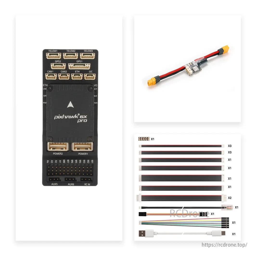 Holybro Pixhawk 6X Pro Autopilot Flight Controller, Pixhawk 6X Pro flight controller, XT60 power module, and cables included for RC drone assembly.