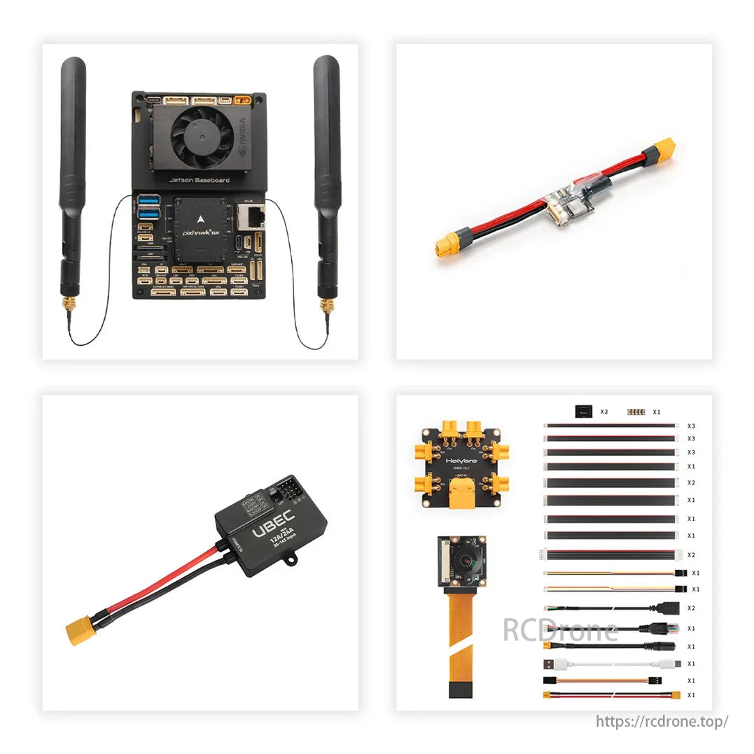 Components for drone assembly include Jetson Baseboard, UBEC, FPV camera, receiver, and cables.