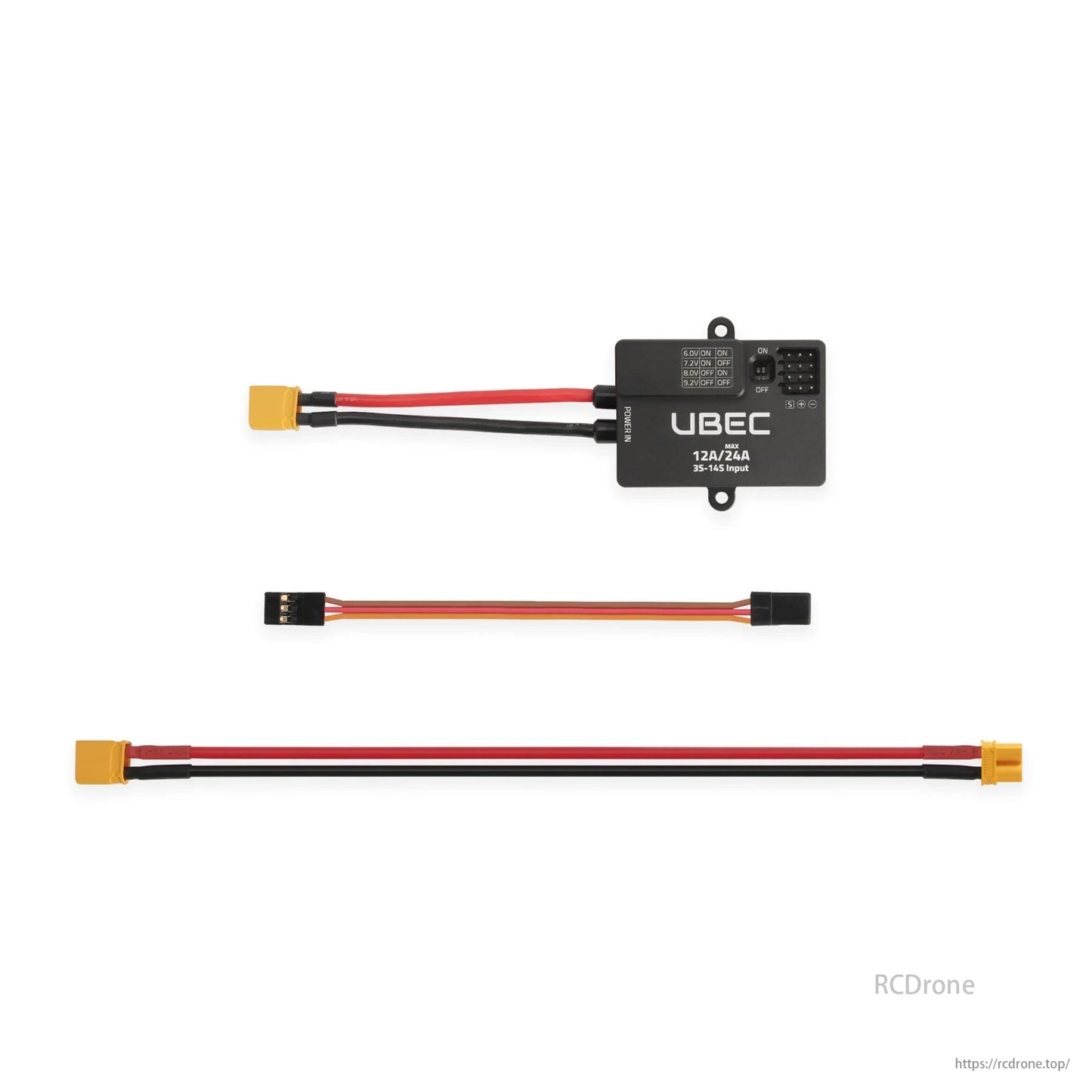 Holybro UBEC Power Module, UBEC 12A/24A, compatible with 3S-14S inputs, includes connectors and cables for RC applications.