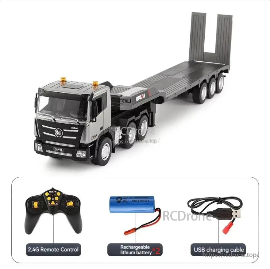 Huina 1318 1:24 scale RC flatbed truck features 2.4G remote, rechargeable battery, USB cable, lights, sound, 83cm length, and over 20 minutes of playtime.