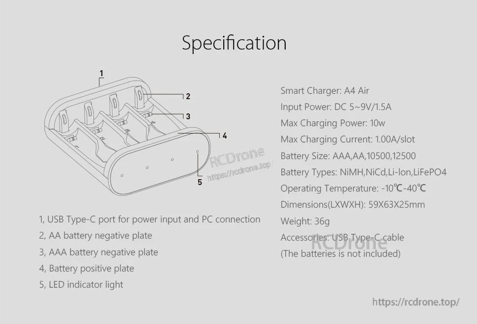 ISDT A4 Air Battery Charger, ISDT A4 Air 4-slot smart charger specification showing USB-C input, LED indicator, and AA/AAA battery slots