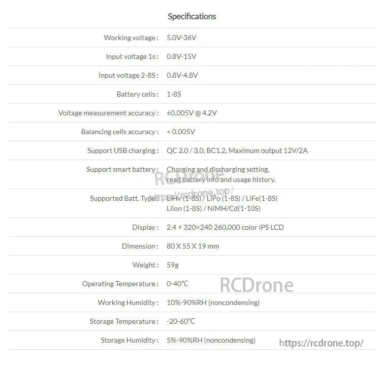 ISDT BG-8S battery meter specifications table showing 1–8S cell support, USB QC output, and 2.4-inch IPS LCD