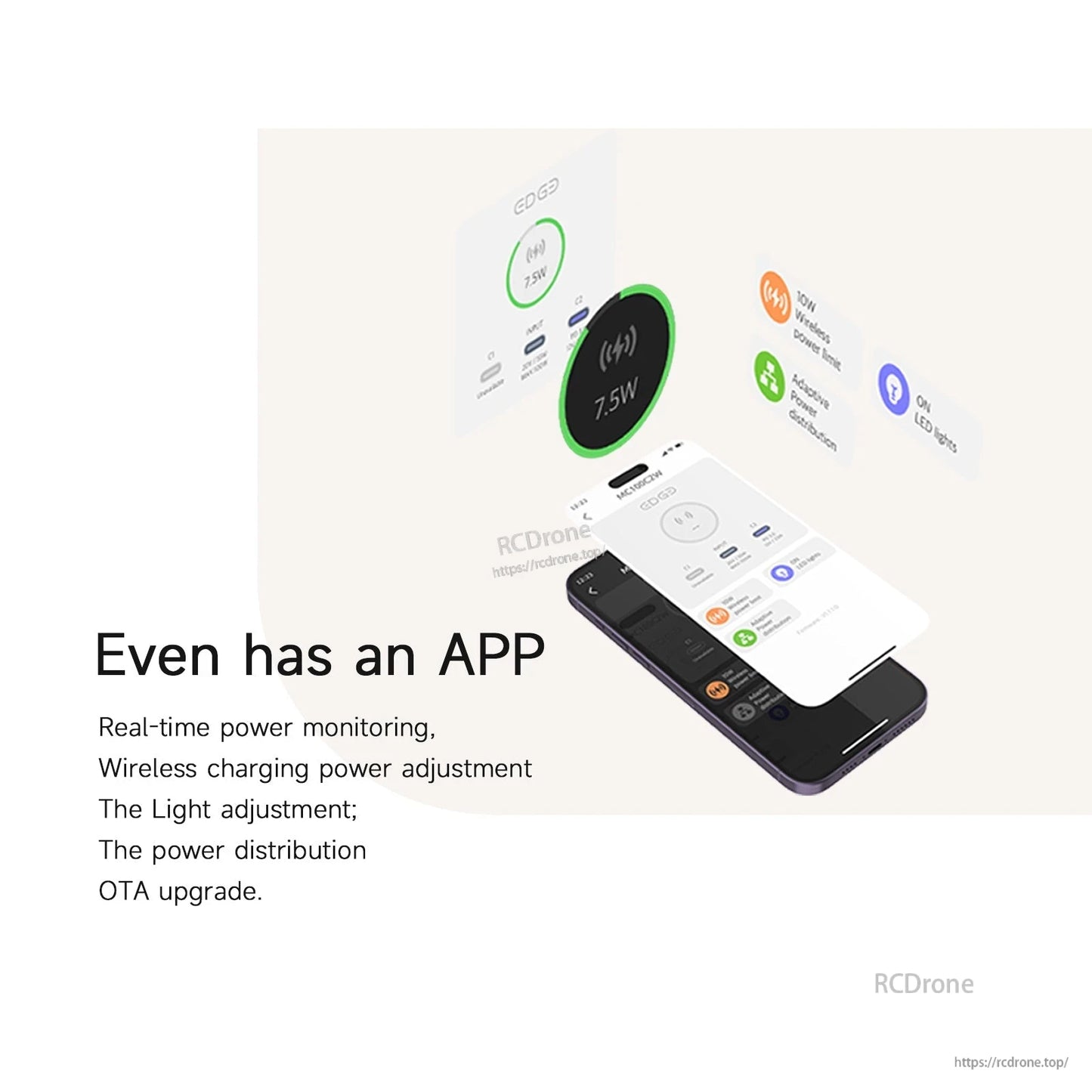 ISDT EDGE wireless charging station app interface showing real-time power monitoring, 7.5W wireless output and settings
