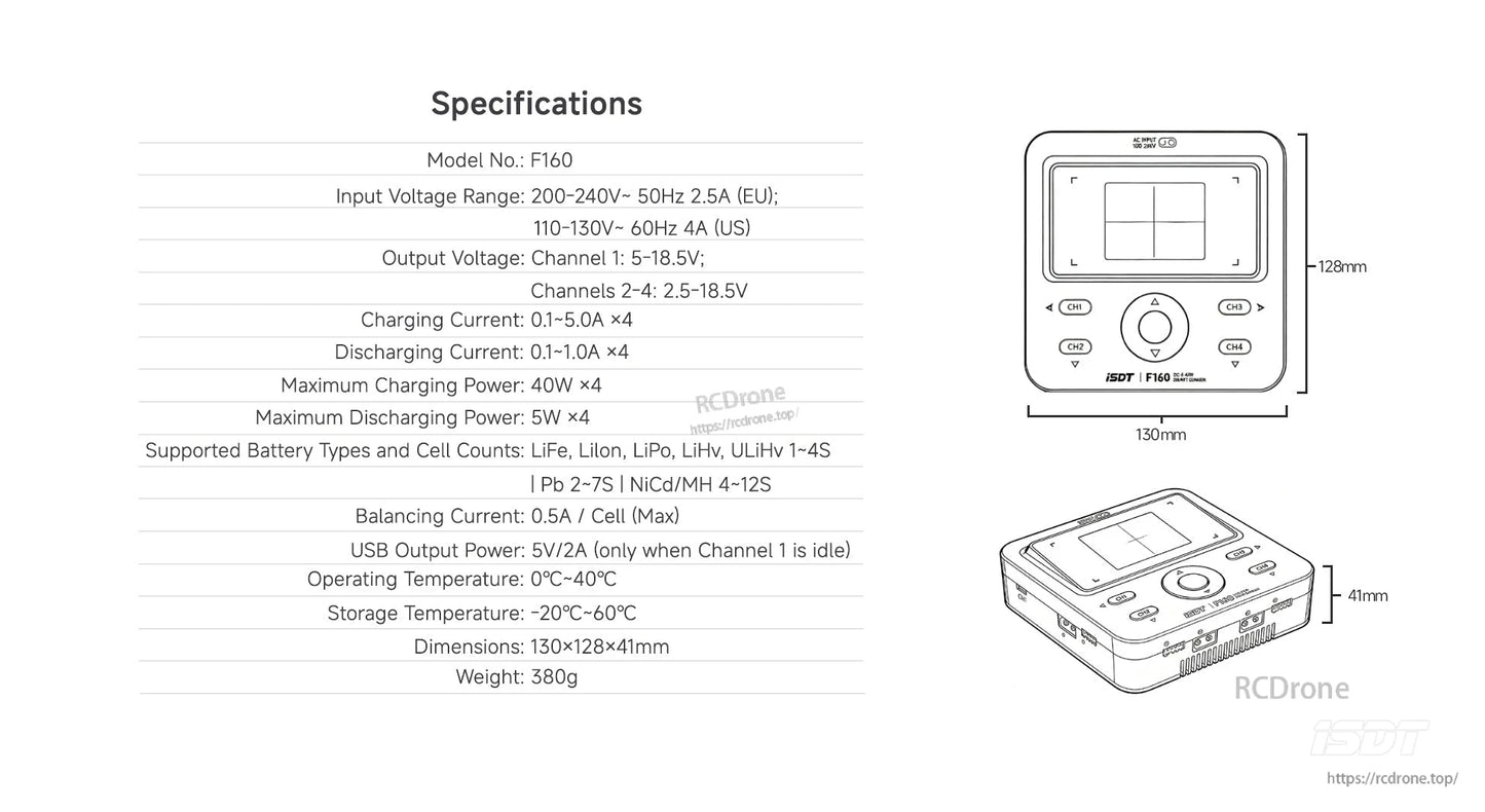 ISDT F160 battery charger specs with 4-channel 0.1–5A charging, 40W x4 max, and 130×128×41mm dimensions