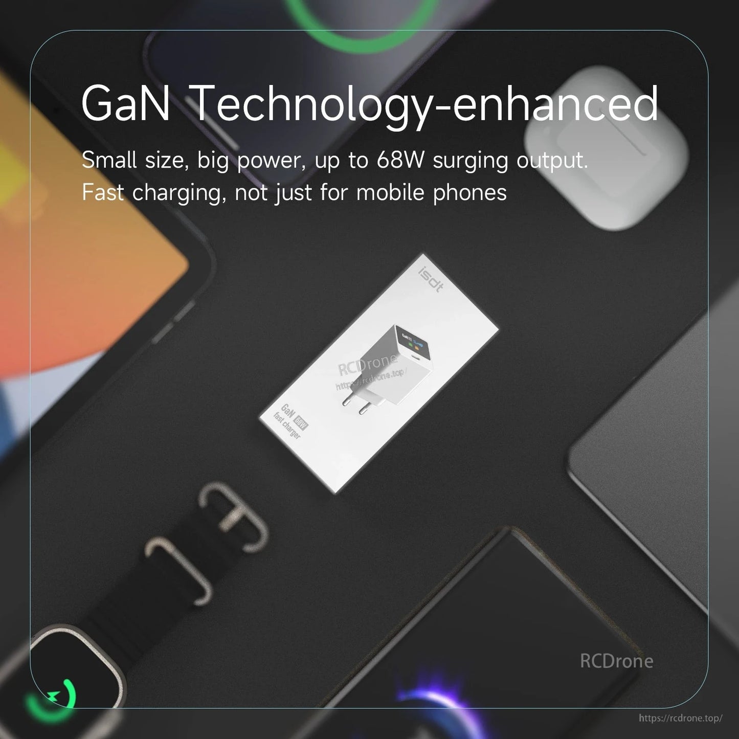 ISDT GP68C1 68W GaN Flash Charger, ISDT GP68C1 compact GaN wall charger graphic with text noting up to 68W output for fast charging