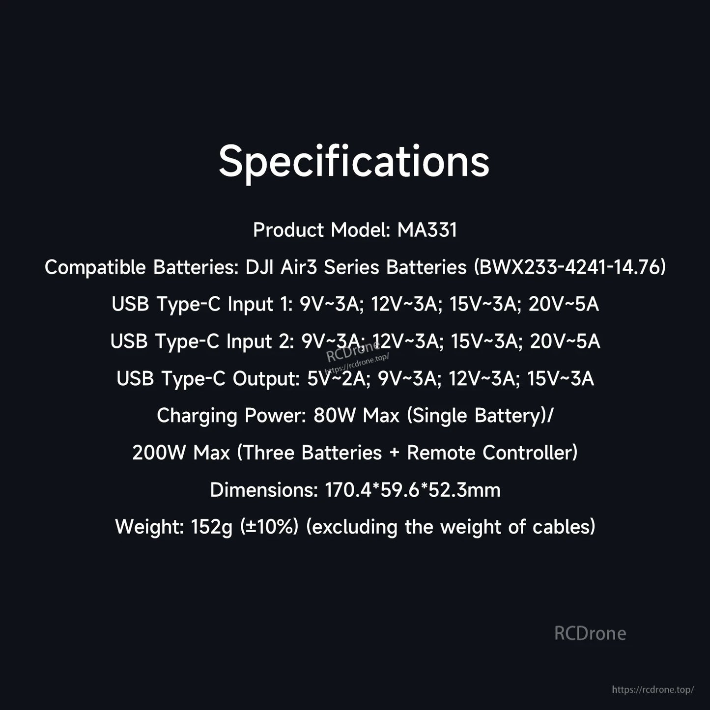 ISDT MA331 specifications for DJI Air 3 batteries with USB-C inputs, 200W max charging, size and weight