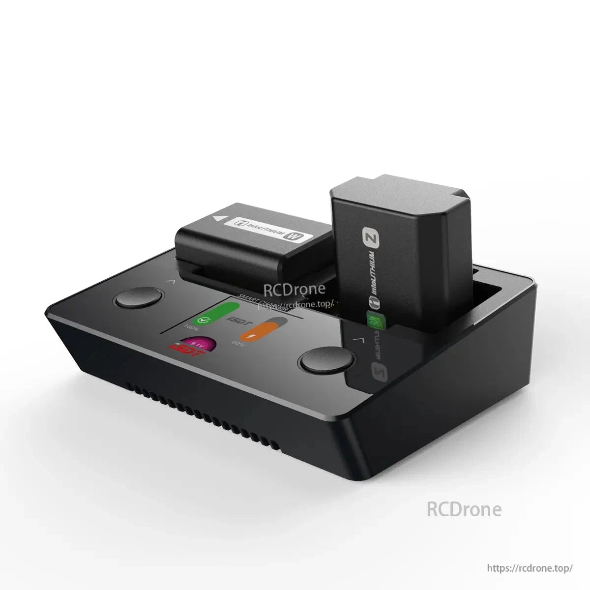 ISDT NP2 Camera Battery Charger, ISDT NP2 dual-slot camera battery charger with two batteries inserted and a status display on top