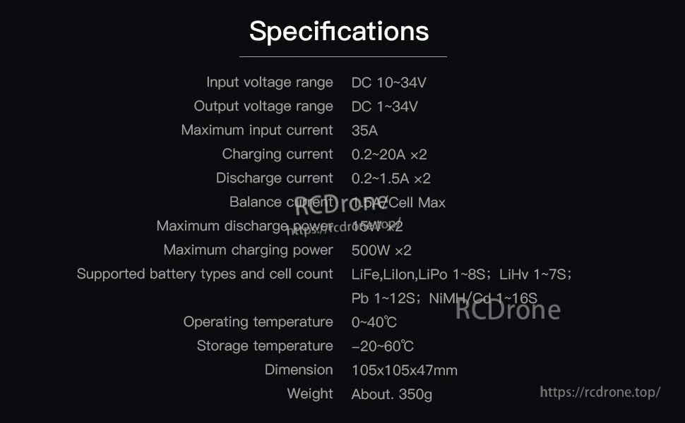 ISDT P20 DC Smart LiPo Battery Charger, ISDT P20 DC smart LiPo charger specifications: DC 10–34V input, 500W×2 max charge power, 105×105×47mm
