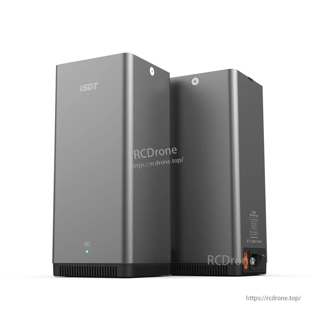 ISDT SP3060 DC power supply in gray metal housing, with status light on the front and power inlet on the back