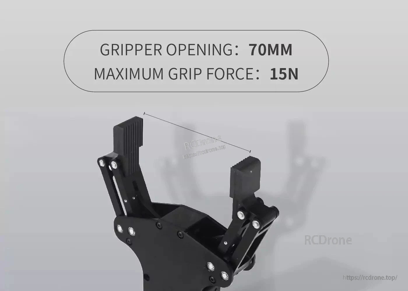 Lightweight electric gripper with 70mm opening, 15N max force, RS485 control, and self-locking feature for robotics.