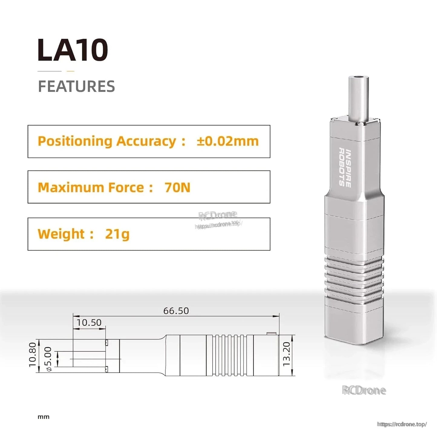 Micro linear servo actuator: ±0.02mm accuracy, 70N force, 21g weight, 10mm stroke, precise control, robust performance for high-accuracy applications.