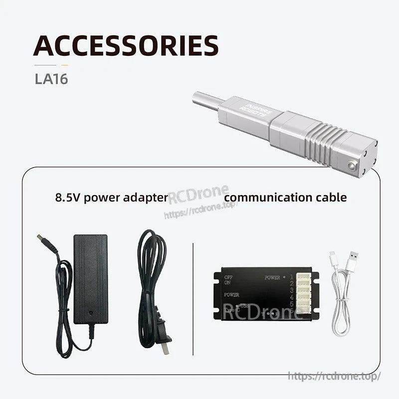 The LA16 micro linear servo actuator includes an 8.5V adapter, communication cable, and control unit.