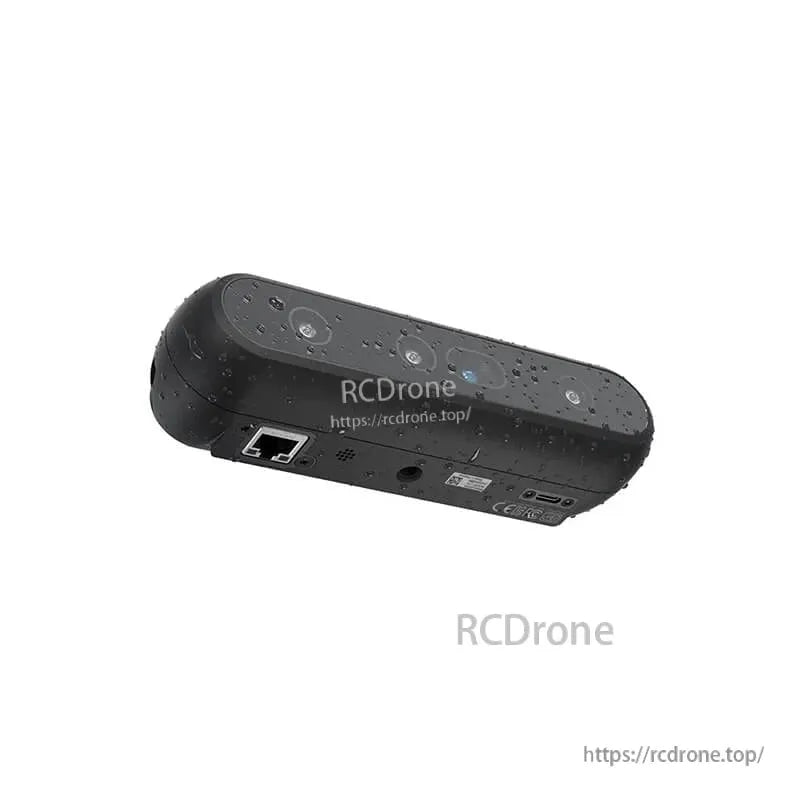 Underside view of RealSense D555 PoE depth camera with RJ45 Ethernet port, shown with RCDrone watermark