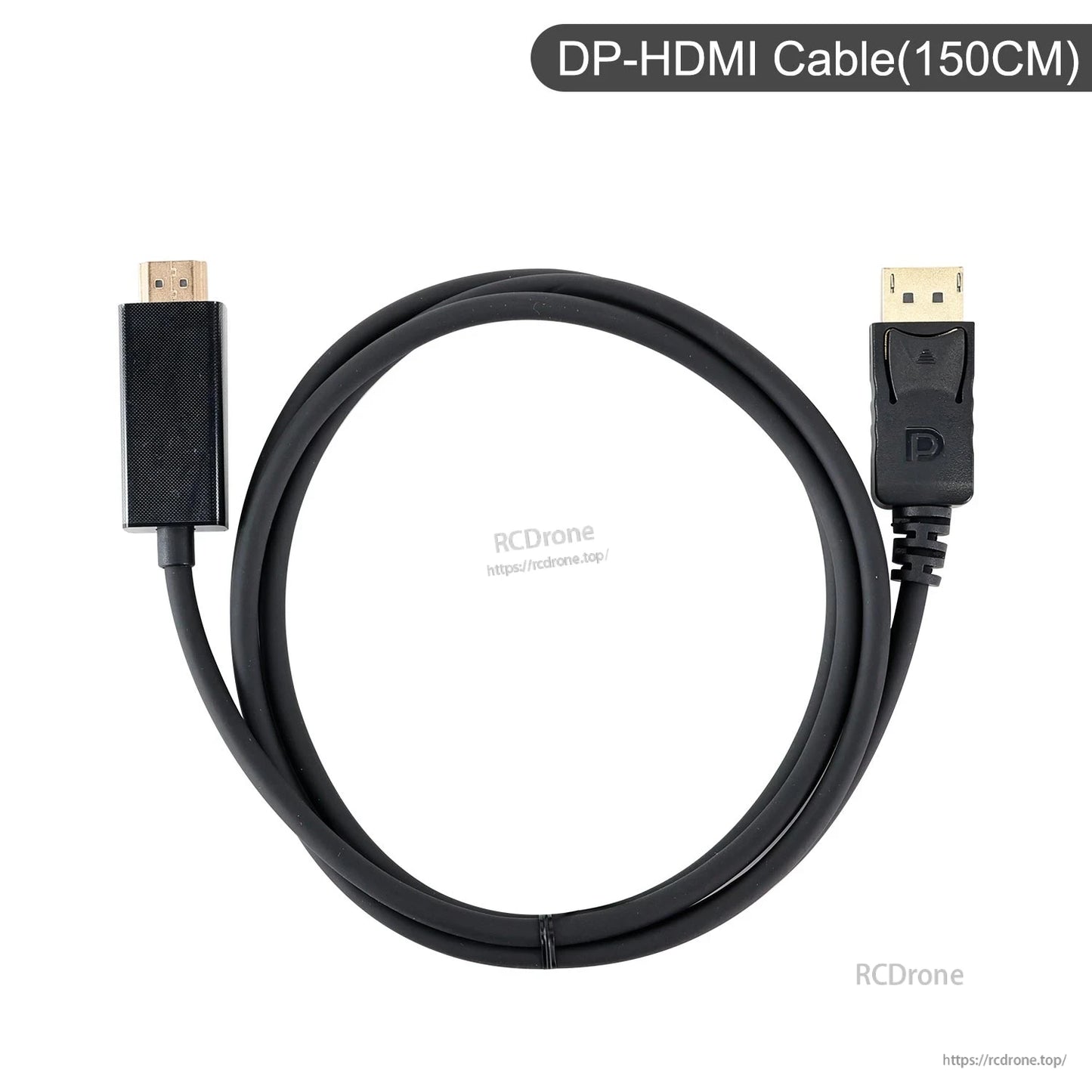DP to HDMI cable 150cm length shown coiled on white background with DisplayPort and HDMI connectors