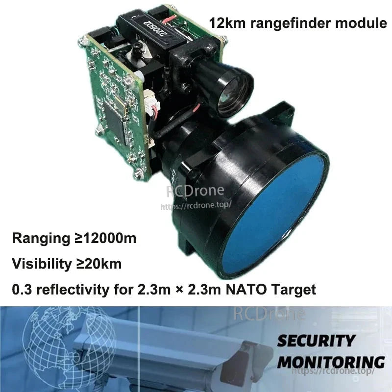 JRT Laser Distance Sensor, 12km rangefinder module with ≥12,000m range, ≥20km visibility, detects 2.3m NATO target at 0.3 reflectivity; supports RS422/TTL, 9–15V; ideal for security monitoring.