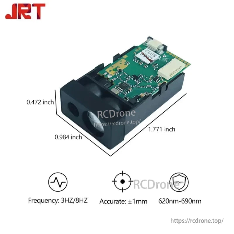 JRT MB2A 60m Modbus RTU Laser Distance Sensor, JRT MB2A laser sensor: 60m range, ±1mm accuracy, 3/8Hz, 620–690nm, RS485, 2.5–3.3V, Class II, compact.