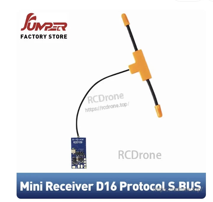 Jumper Factory Store Mini Receiver D16 with S.BUS, orange antenna, and blue circuit board.