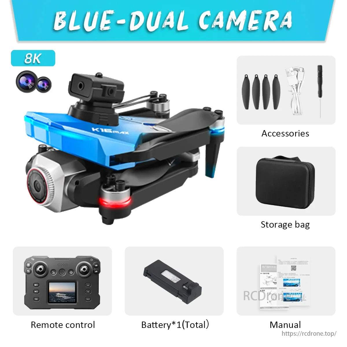 K16 Max Drone, Blue drone with dual 8K cameras, remote, battery, accessories, and storage bag.