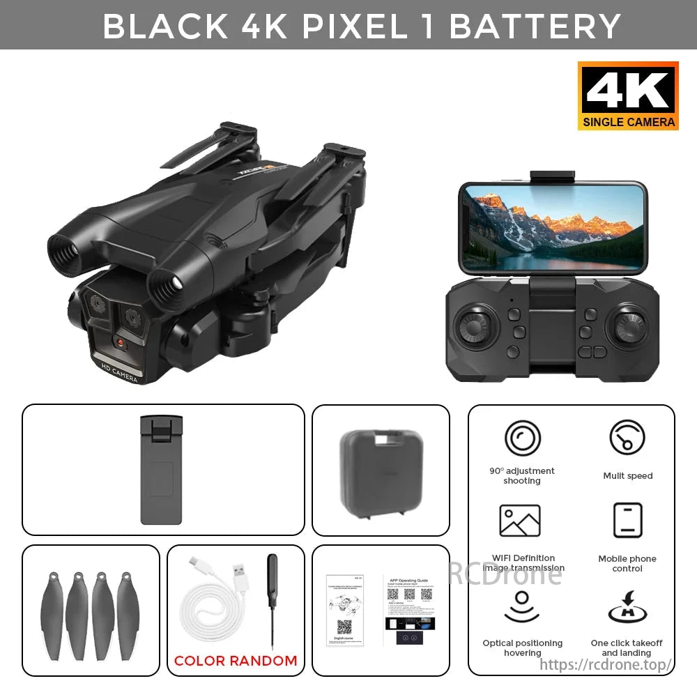 KBDFA M4 Drone, Black 4K drone with 90° shooting, WiFi, mobile control, optical positioning, one-click takeoff/landing, and random color props.